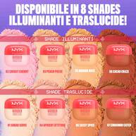 Otto tonalita della cipria fissante NYX Professional Makeup Wonder Snatch. Le tonalita sono suddivise in 'TONALITA' ILLUMINANTI' (02 Cheeky Cherry, 03 Peach Posse, 05 Banana Brat, 08 Cacao Craze) e 'TONALITA' SETTING' (01 Sugar Serve, 04 Apricot Attitude, 06 Sassy Spice, 07 Cinnamon Catch)