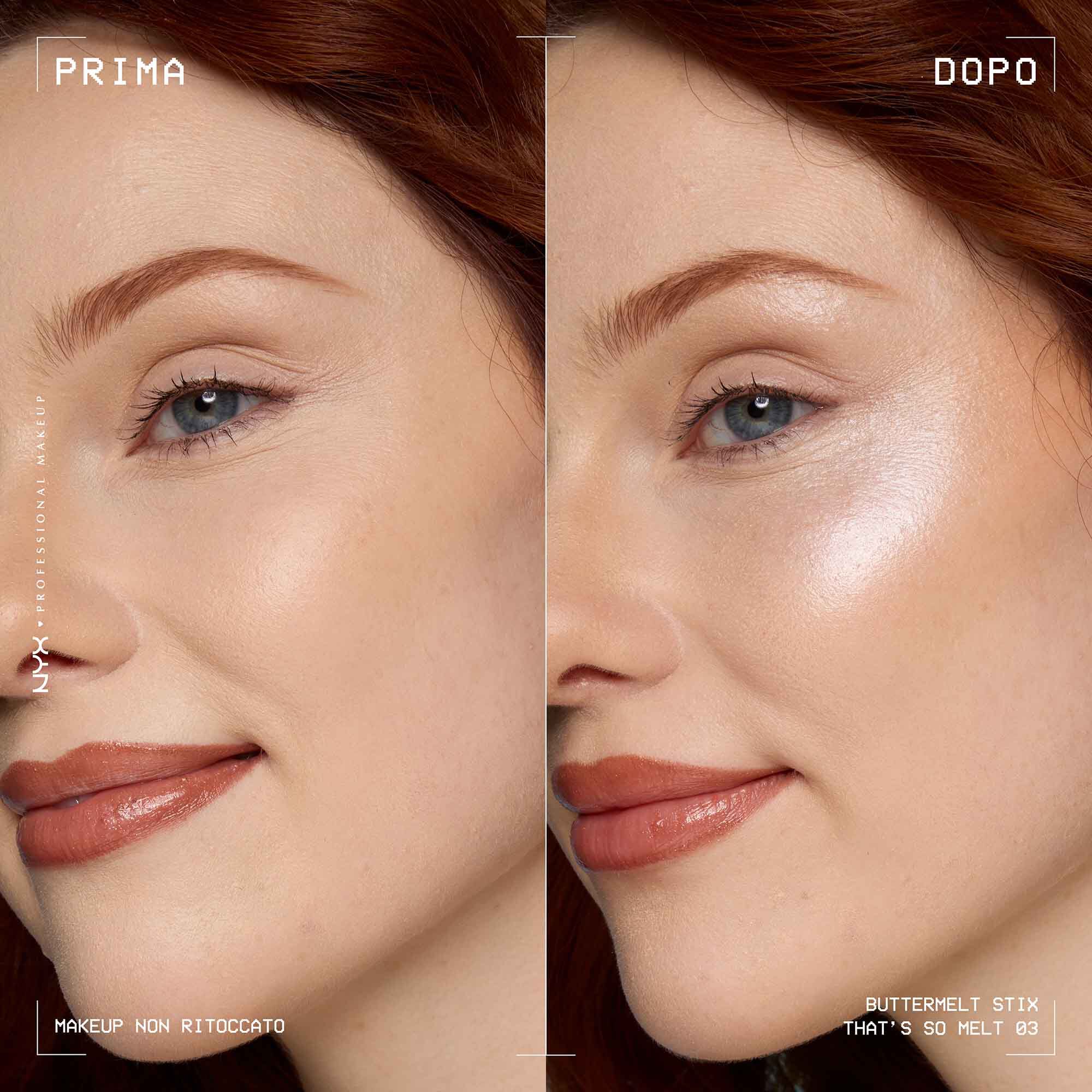 Prima e dopo applicazione dello Stick illuminante Buttermelt Stix Glow Boosting di Nyx Professional Makeup