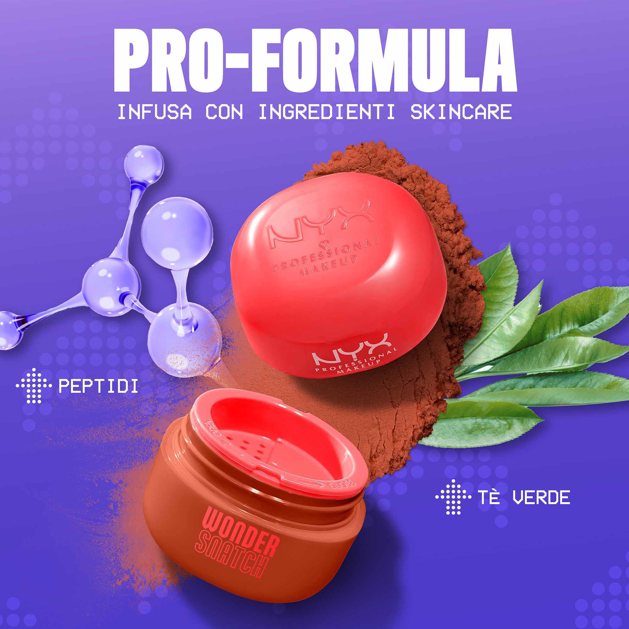 Ingredienti chiave della cipria fissante NYX Professional Makeup Wonder Snatch: peptidi liftanti e foglie di te verde.