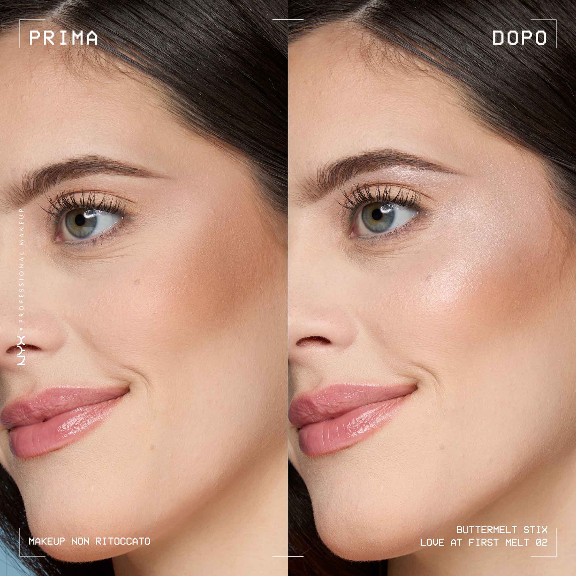 Prima e dopo applicazione dello Stick illuminante Buttermelt Stix Glow Boosting di Nyx Professional Makeup