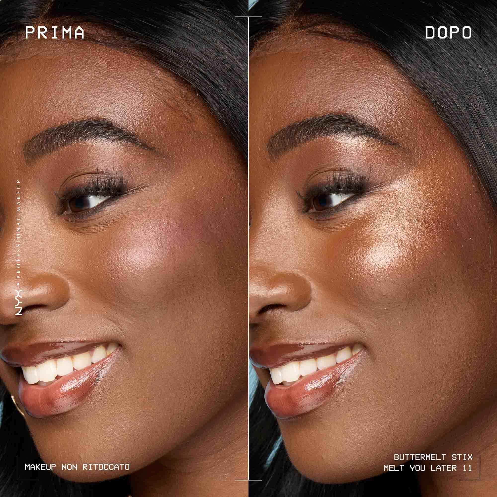 Prima e dopo applicazione dello Stick illuminante Buttermelt Stix Glow Boosting di Nyx Professional Makeup