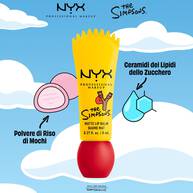 Packshot del balsamo labbra opaco NYX Professional Makeup The Simpsons Smushy Matte con ingredienti illustrati tra cui polvere di riso mochi e ceramidi da lipidi dello zucchero, tonalita 02 Rebel Red.