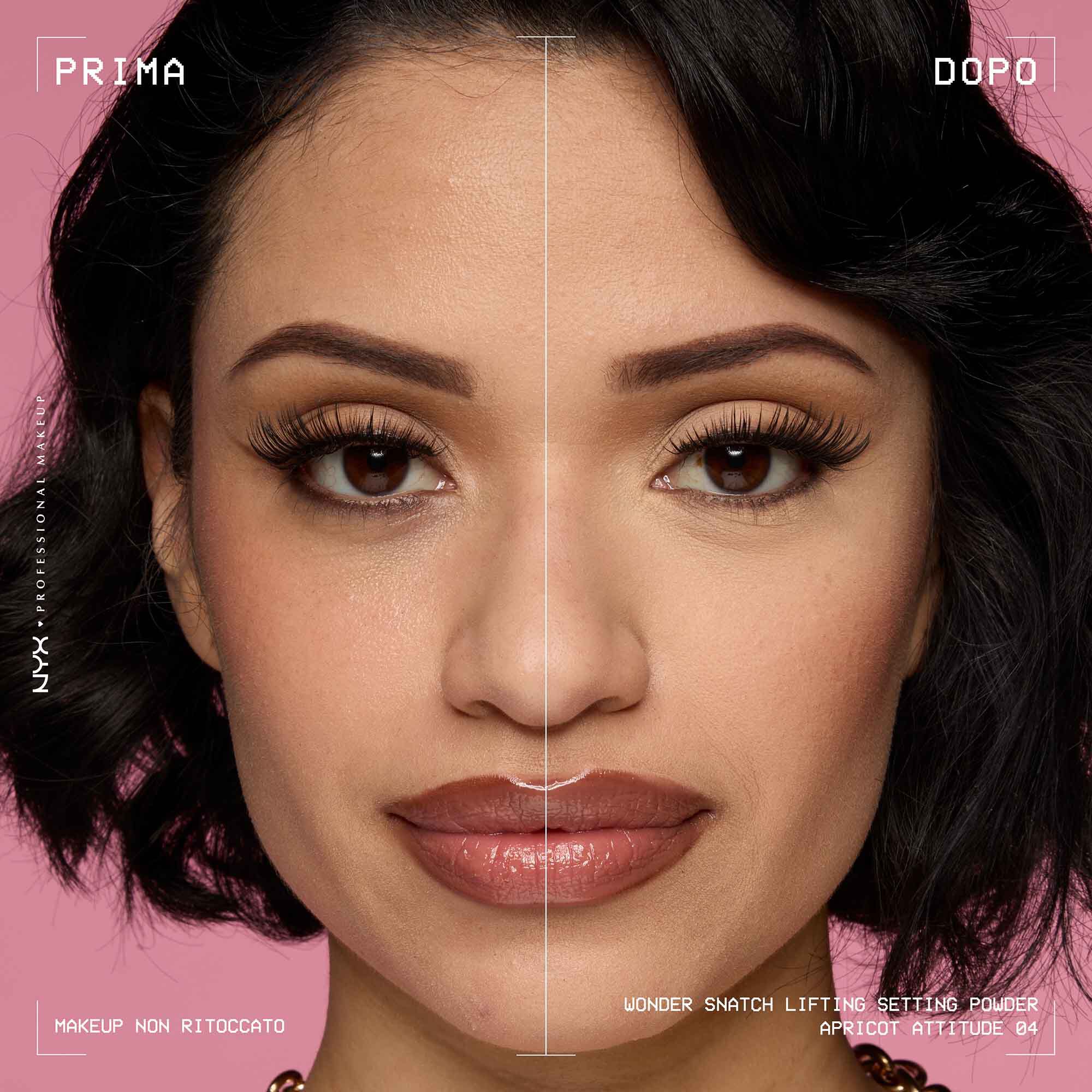 Prima e dopo dell'applicazione della cipria fissante NYX Professional Makeup Wonder Snatch. La pelle risulta piu levigata e luminosa.