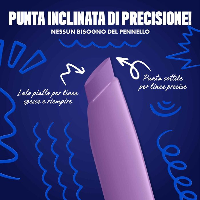Blue-themed NYX graphic highlighting the slanted tip of an eyeliner pen. Arrows explain how to use the flat edge for wings and the top edge for precise lines. Text: "Ultra precise slanted tip! No angled brush needed." in shade 08 Lavender Link