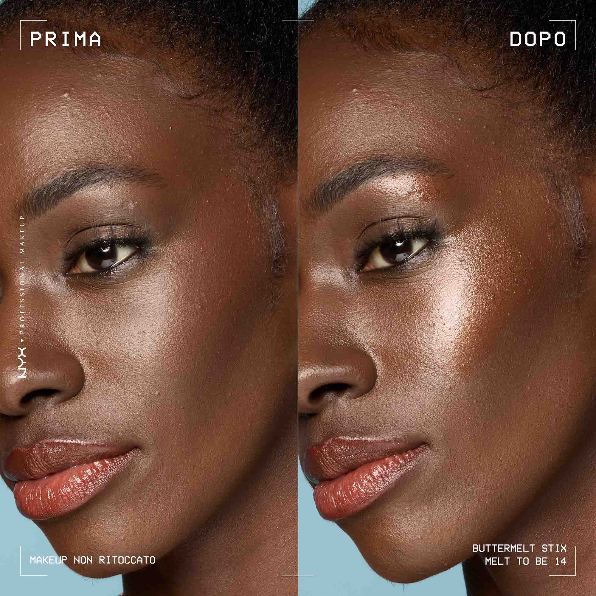 Prima e dopo applicazione dello Stick illuminante Buttermelt Stix Glow Boosting di Nyx Professional Makeup