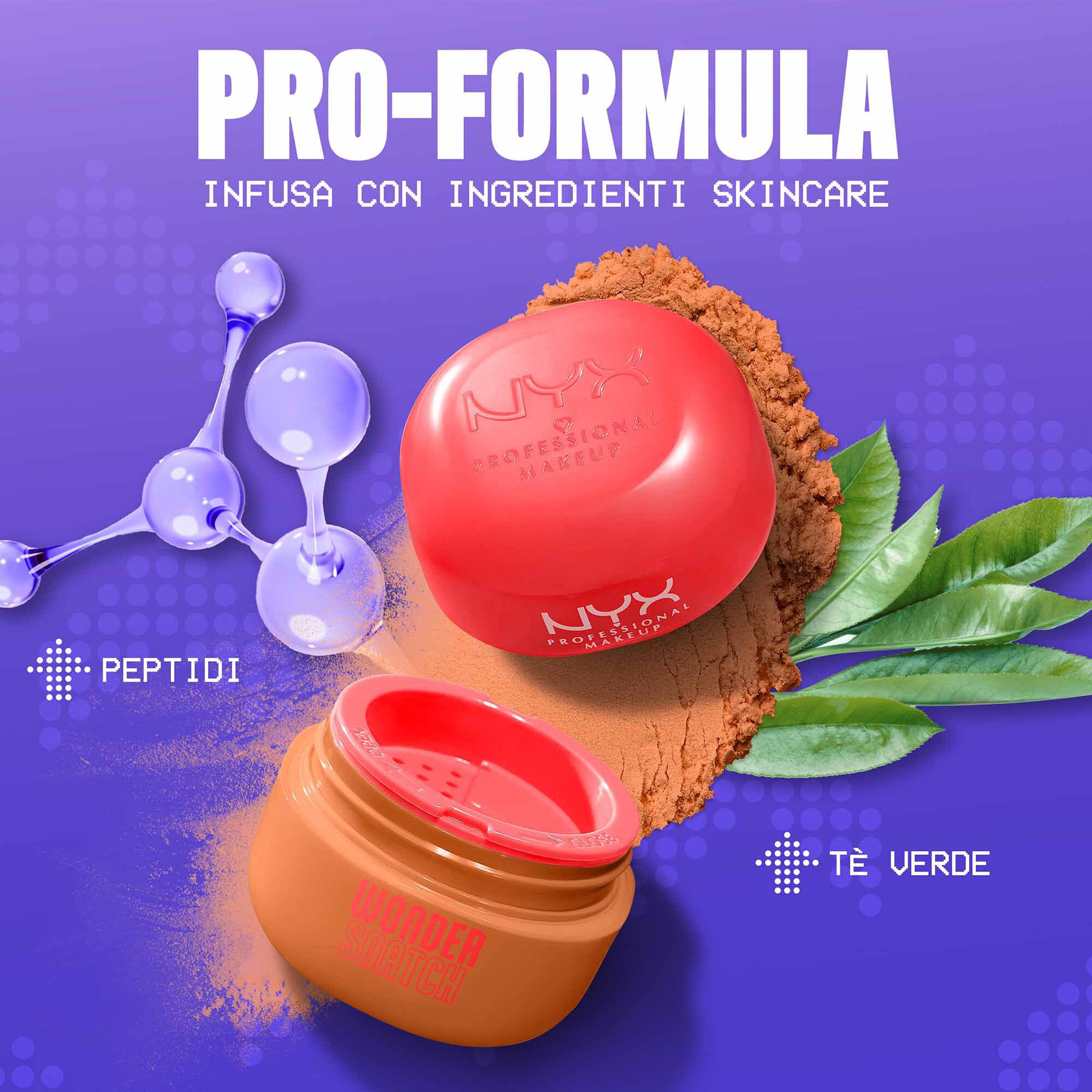 Ingredienti chiave della cipria fissante NYX Professional Makeup Wonder Snatch: peptidi liftanti e foglie di te verde.