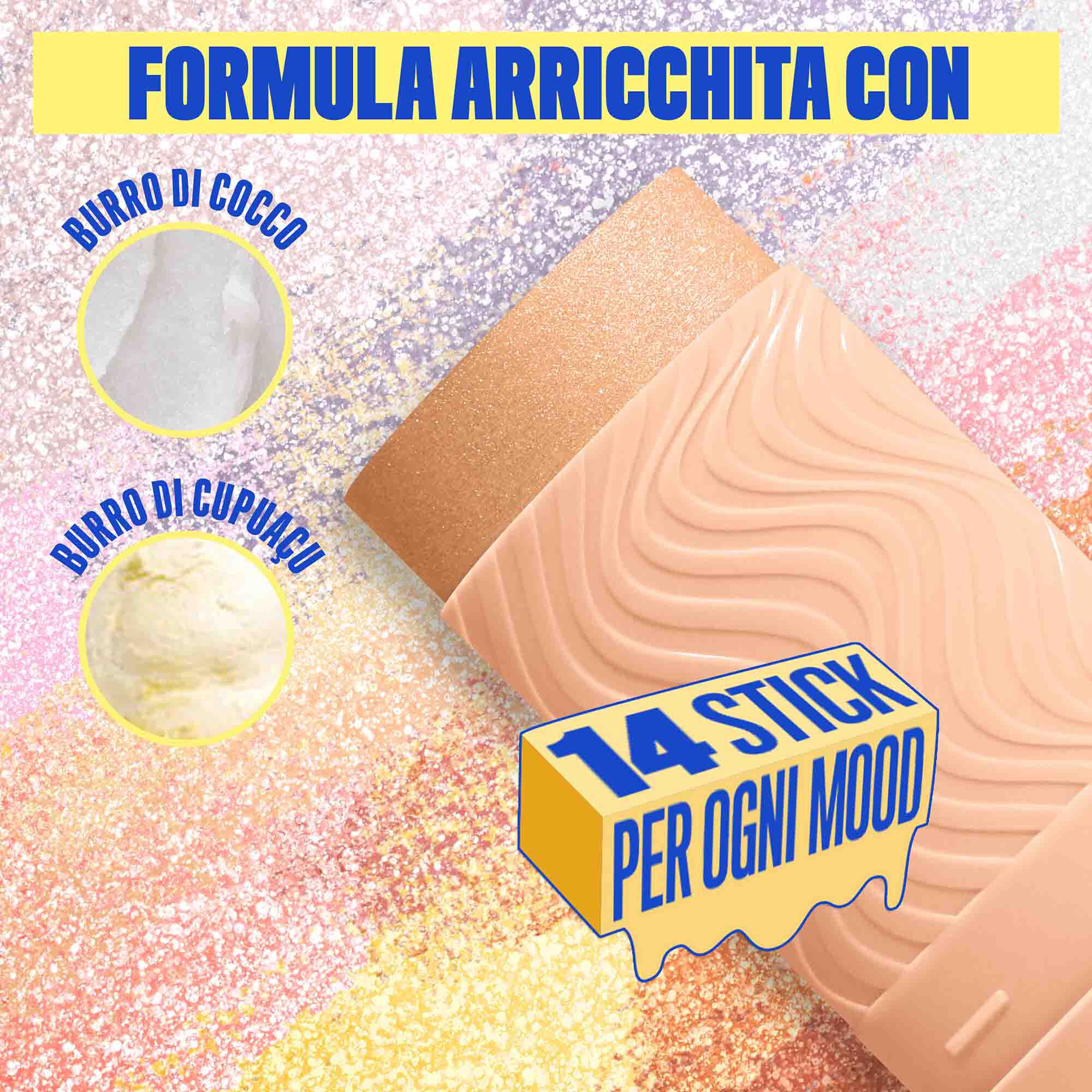 Formula dello Stick illuminante Buttermelt Stix Glow Boosting di Nyx Professional Makeup, arricchita con burro di cocco e burro di cupuacu