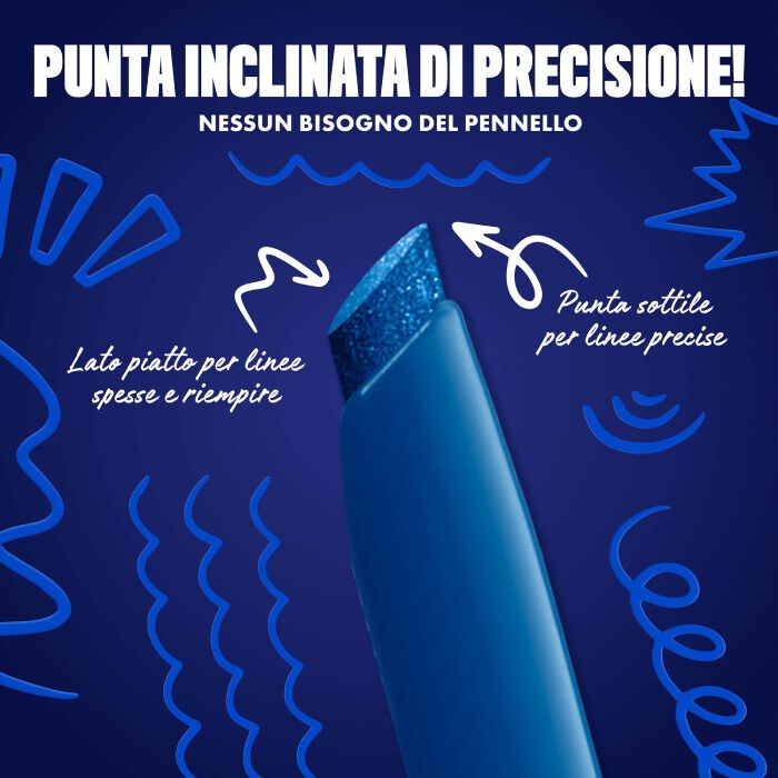 Blue-themed NYX graphic highlighting the slanted tip of an eyeliner pen. Arrows explain how to use the flat edge for wings and the top edge for precise lines. Text: "Ultra precise slanted tip! No angled brush needed." in shade 07 Turbo Teal