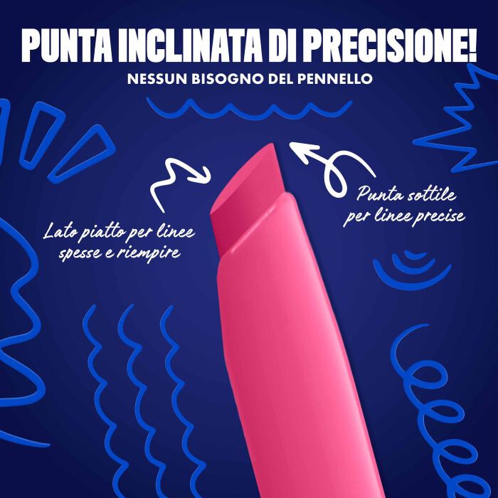 Blue-themed NYX graphic highlighting the slanted tip of an eyeliner pen. Arrows explain how to use the flat edge for wings and the top edge for precise lines. Text: "Ultra precise slanted tip! No angled brush needed." in shade 11 Pixel Pink