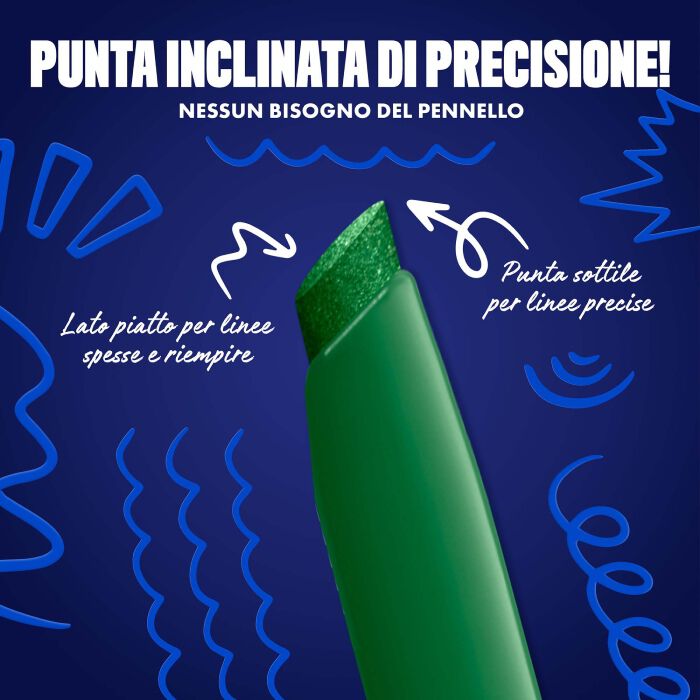 Blue-themed NYX graphic highlighting the slanted tip of an eyeliner pen. Arrows explain how to use the flat edge for wings and the top edge for precise lines. Text: "Ultra precise slanted tip! No angled brush needed." in shade 14 Electric Emerald