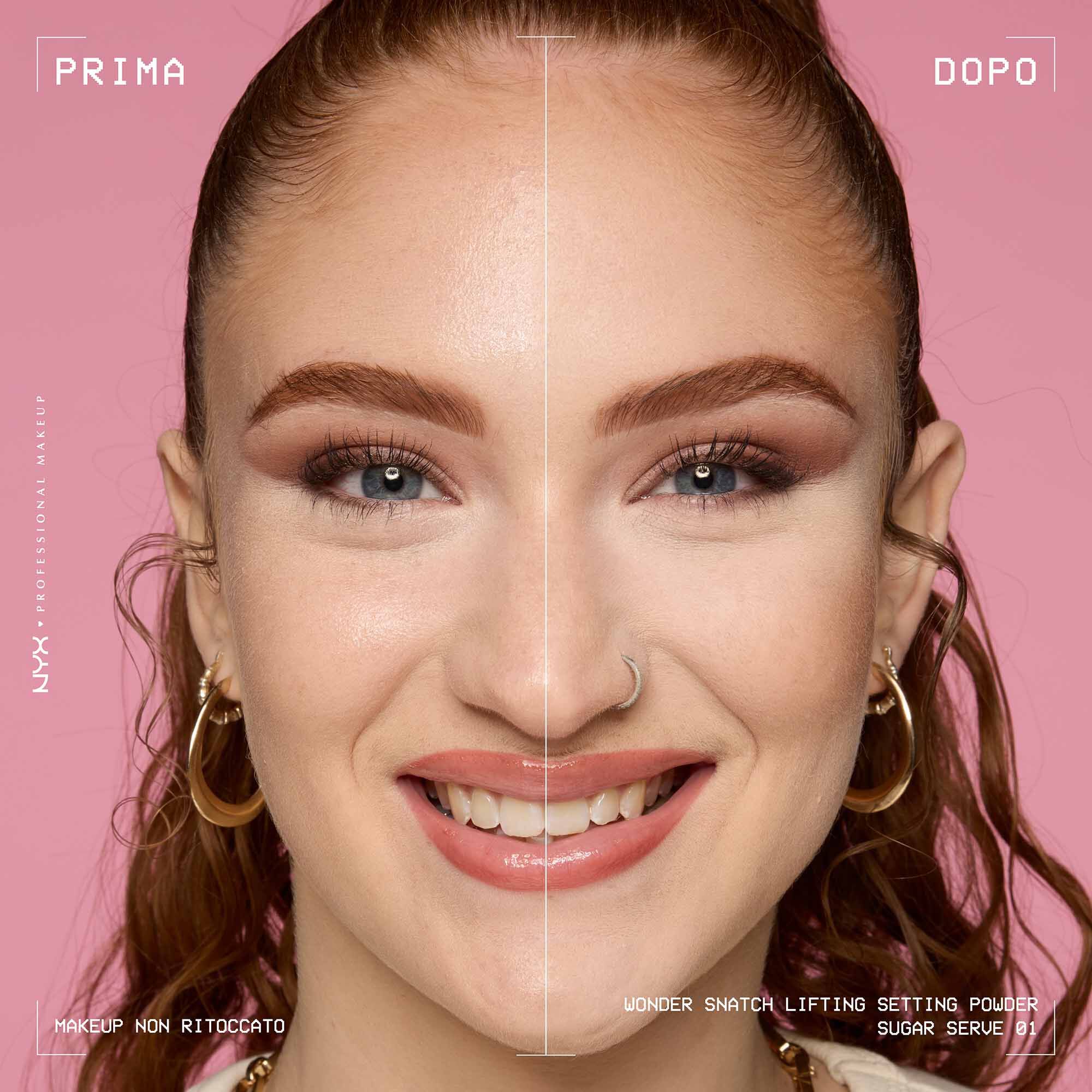 Prima e dopo dell'applicazione della cipria fissante NYX Professional Makeup Wonder Snatch. La pelle risulta piu levigata e luminosa.