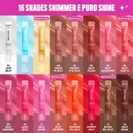 NYX Jelly Job gloss tubes in 16 shimmer and shine shades, arranged in 2 rows. Shades include clear, blue, champagne, rose, and deeper berry tones. Each is labeled with a shade name and number. Title reads: "16 shimmer and pure-shine shades."