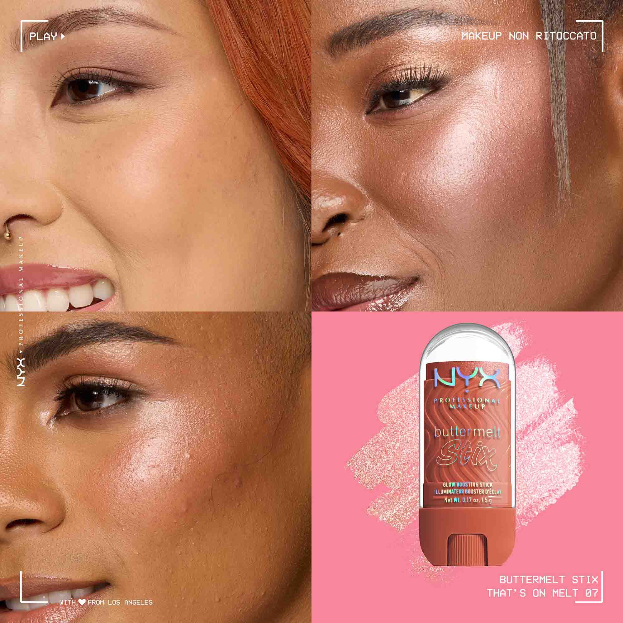 Applicazione dello Stick illuminante Buttermelt Stix Glow Boosting di Nyx Professional Makeup su diverse tonalita di incarnato