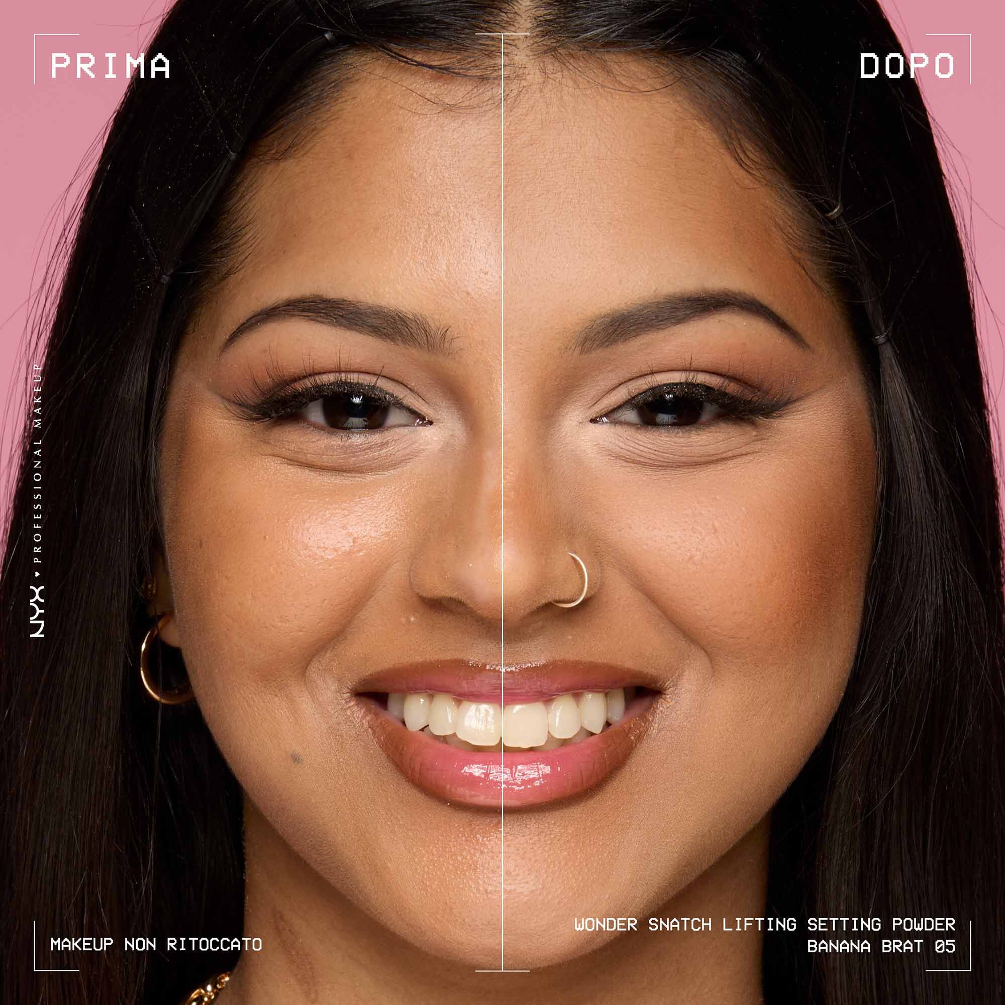 Prima e dopo dell'applicazione della cipria fissante NYX Professional Makeup Wonder Snatch. La pelle risulta piu levigata e luminosa.