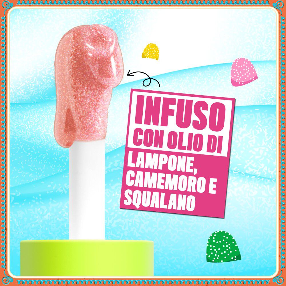  Illustrazione stilizzata dell’applicatore con il prodotto sopra. Accanto, il testo mette in evidenza gli ingredienti principali: infuso con olio di Lampone, Camemoro e Squalano.