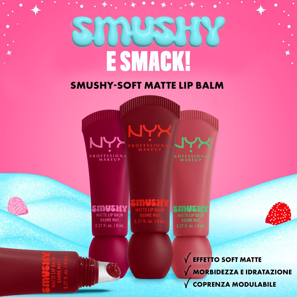 Sfondo rosa con packshot del NYX Professional Makeup Holiday Smushy Kit e callout: “Effetto soft matte. Effetto labbra sfumate. Colori trasparenti e modulabili.”