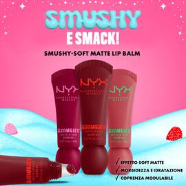 Sfondo rosa con packshot del NYX Professional Makeup Holiday Smushy Kit e callout: “Effetto soft matte. Effetto labbra sfumate. Colori trasparenti e modulabili.”