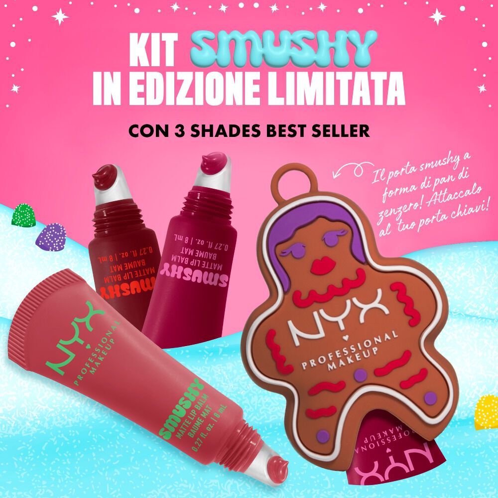 Immagine del NYX Professional Makeup Holiday Smushy Kit in edizione limitata con tre stick di balsamo labbra, circondati da icone di caramelle e neve.