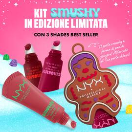Immagine del NYX Professional Makeup Holiday Smushy Kit in edizione limitata con tre stick di balsamo labbra, circondati da icone di caramelle e neve.