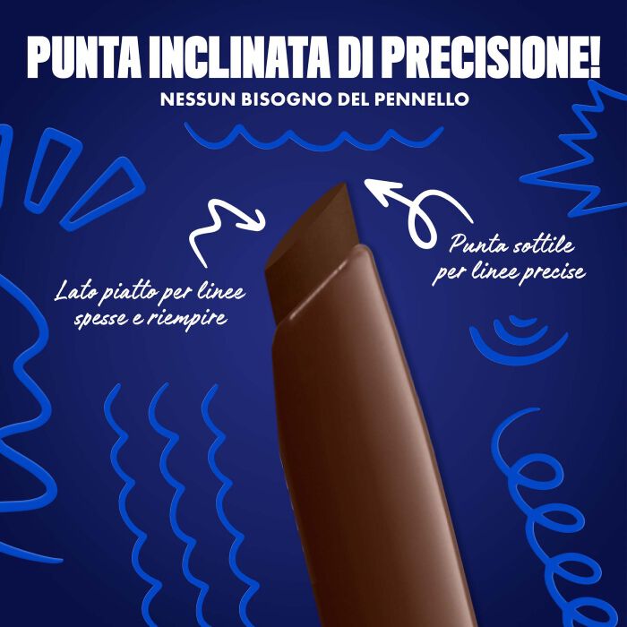 Blue-themed NYX graphic highlighting the slanted tip of an eyeliner pen. Arrows explain how to use the flat edge for wings and the top edge for precise lines. Text: "Ultra precise slanted tip! No angled brush needed." in shade 02 Ember Energy