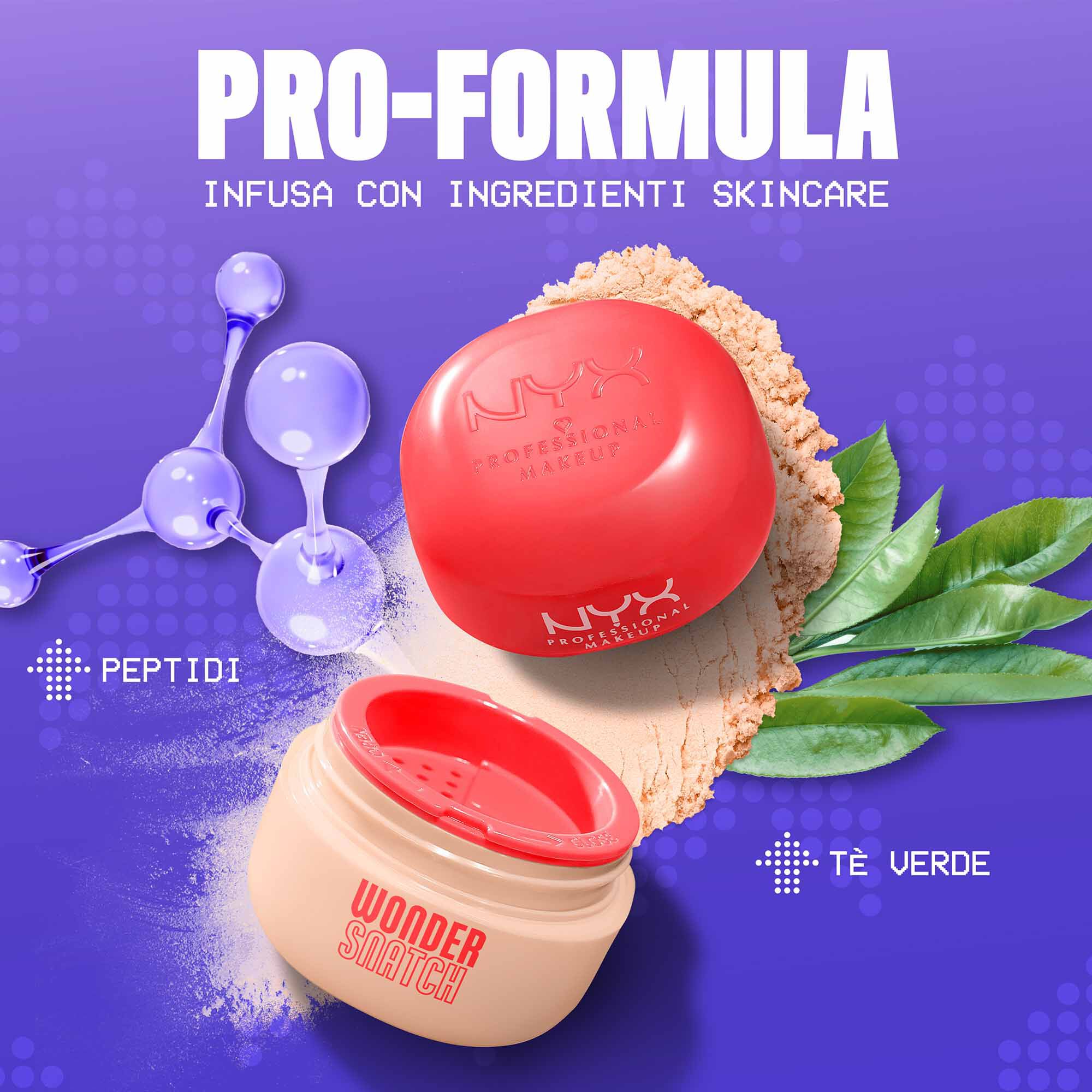 Ingredienti chiave della cipria fissante NYX Professional Makeup Wonder Snatch: peptidi liftanti e foglie di te verde.
