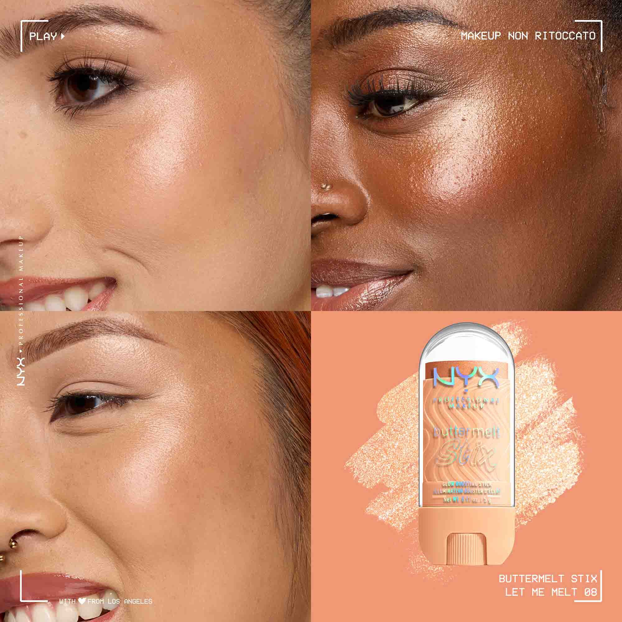 Applicazione dello Stick illuminante Buttermelt Stix Glow Boosting di Nyx Professional Makeup su diverse tonalita di incarnato