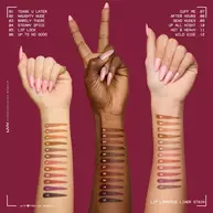 Swatches delle 12 nuance del NYX Professional Makeup Lip Lingerie Liner Stain su diverse tonalita di pelle. Sono elencati i nomi delle tonalita: 01 Tease U Later, 02 Naughty Nude, 03 Barely There, 04 Steamy Spice, 05 Lip Lock, 06 Up To No Good, 07 Cuff Me, 08 After Hours, 09 Send Nudes, 10 Up All Night, 11 Hot & Heavy, 12 Wild Side.