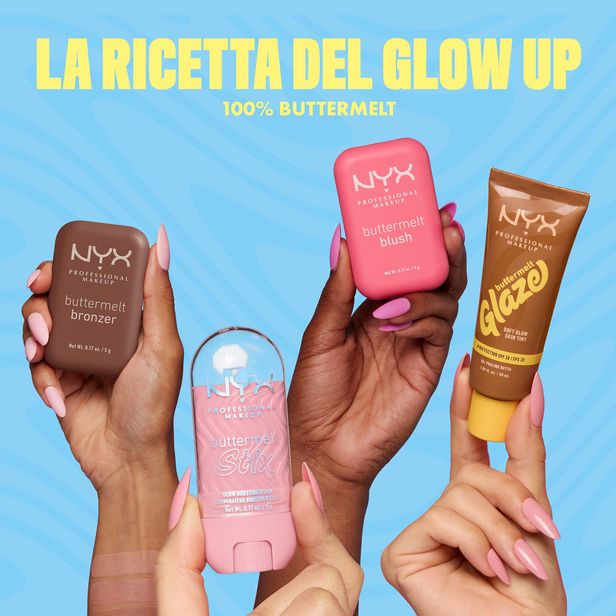 La famiglia Buttermelt di NYX Professional Makeup: Buttermelt Bronzer, Buttermelt Stix Highlighter, Buttermelt Blush, Buttermelt Glaze Skin Tint
