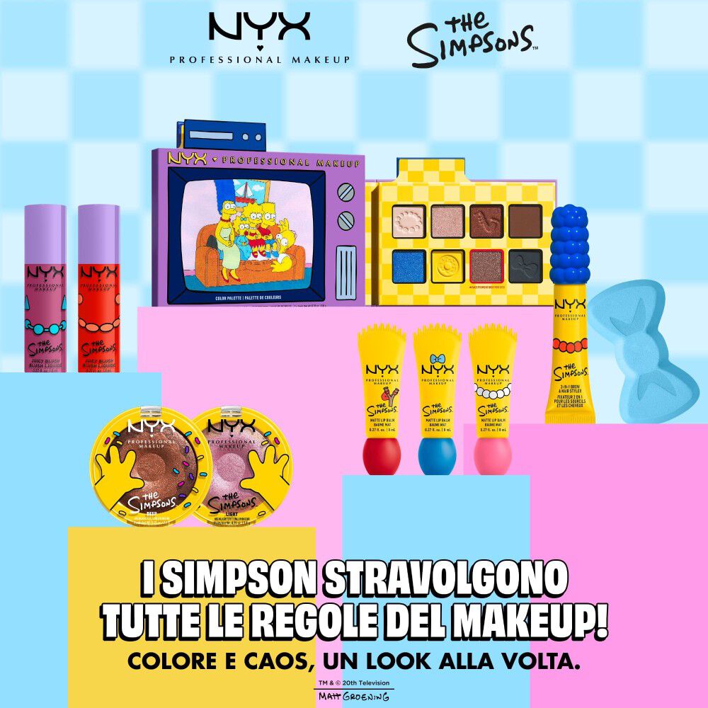 Collezione NYX Professional Makeup The Simpsons con diversi prodotti di make-up (illuminante, blush, balsamo labbra, palette ombretti) e packaging colorati a tema Simpsons su sfondo rosa e blu.