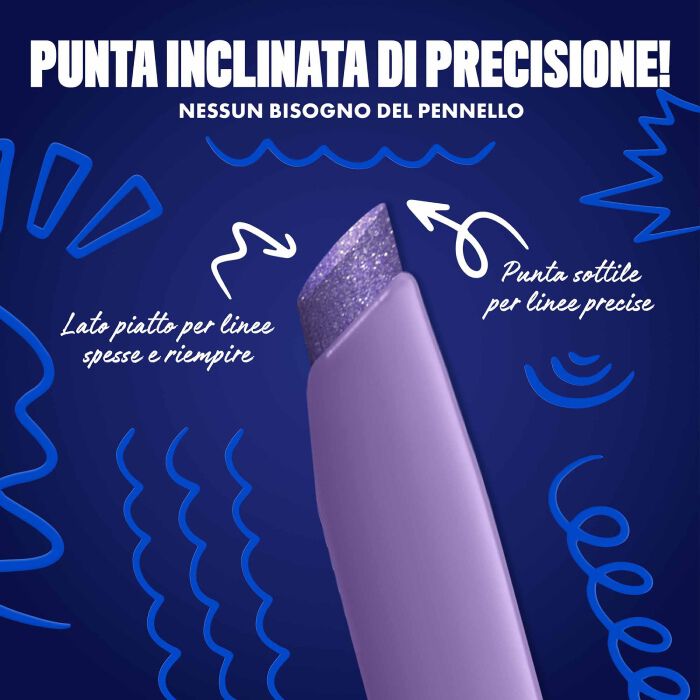 Blue-themed NYX graphic highlighting the slanted tip of an eyeliner pen. Arrows explain how to use the flat edge for wings and the top edge for precise lines. Text: "Ultra precise slanted tip! No angled brush needed." in shade 09 Violet Volt