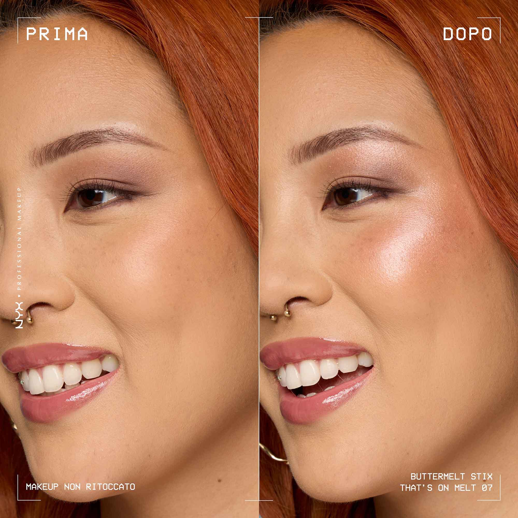 Prima e dopo applicazione dello Stick illuminante Buttermelt Stix Glow Boosting di Nyx Professional Makeup