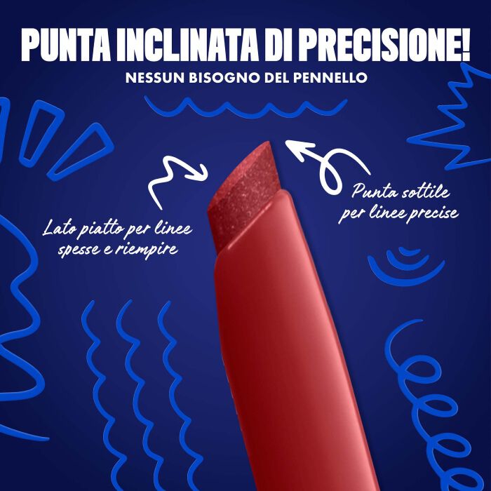 Blue-themed NYX graphic highlighting the slanted tip of an eyeliner pen. Arrows explain how to use the flat edge for wings and the top edge for precise lines. Text: "Ultra precise slanted tip! No angled brush needed." in shade 04 Robotic Red