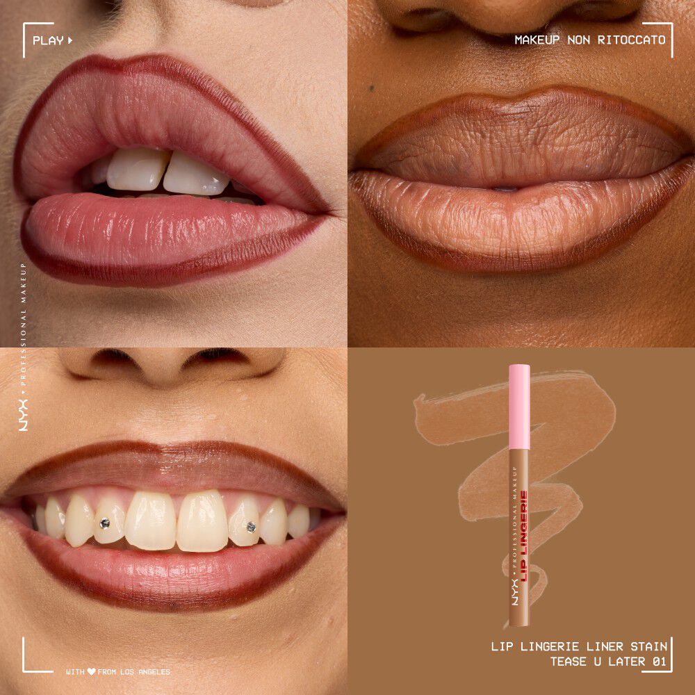 Applicazione sulle labbra del NYX Professional Makeup Lip Lingerie Liner Stain.