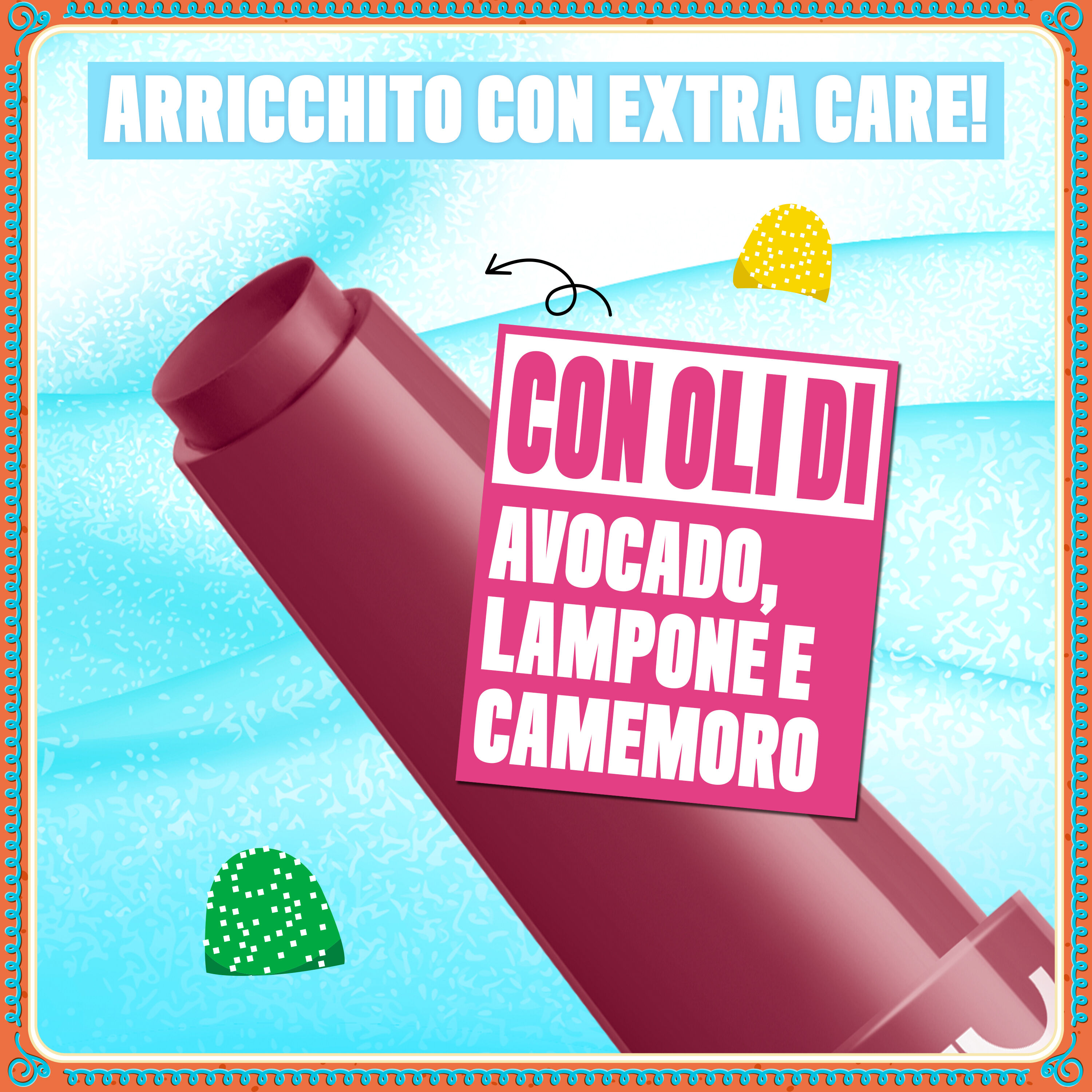 Visual stilizzato di una grande goccia rossa su uno sfondo azzurro chiaro. Il testo mette in evidenza gli ingredienti principali: "OLIO DI AVOCADO", "OLIO DI LAMPONE" e "OLIO DI CAMEMORO"