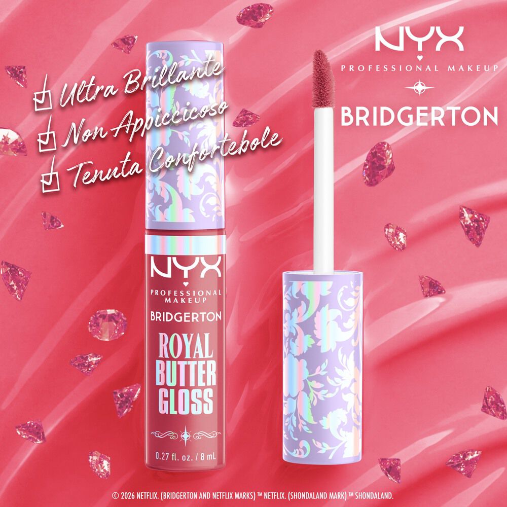 NYX Professional Makeup Royal Butter Gloss e Precision Plumping Lip Liner mostrati aperti, con gli applicatori e prodotti su uno sfondo bianco nella tonalita Peony Passion, Cupid's Secret