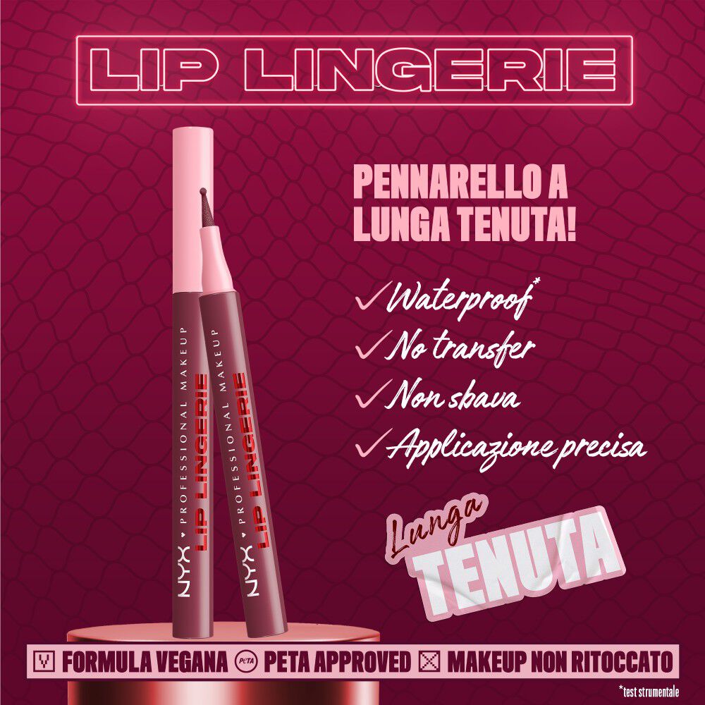 Caratteristiche del prodotto NYX Professional Makeup Lip Lingerie: pennarello per delineare le labbra Waterproof, Transfer-proof, 'Smudge-proof', senza bisogno di ritocchi durante il giorno.
