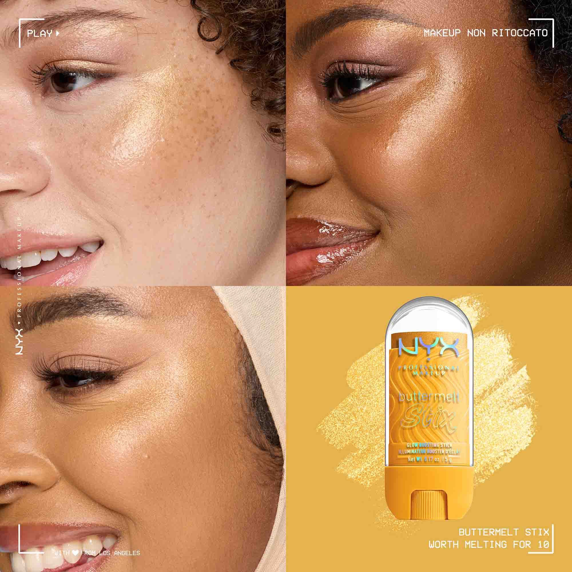Applicazione dello Stick illuminante Buttermelt Stix Glow Boosting di Nyx Professional Makeup su diverse tonalita di incarnato