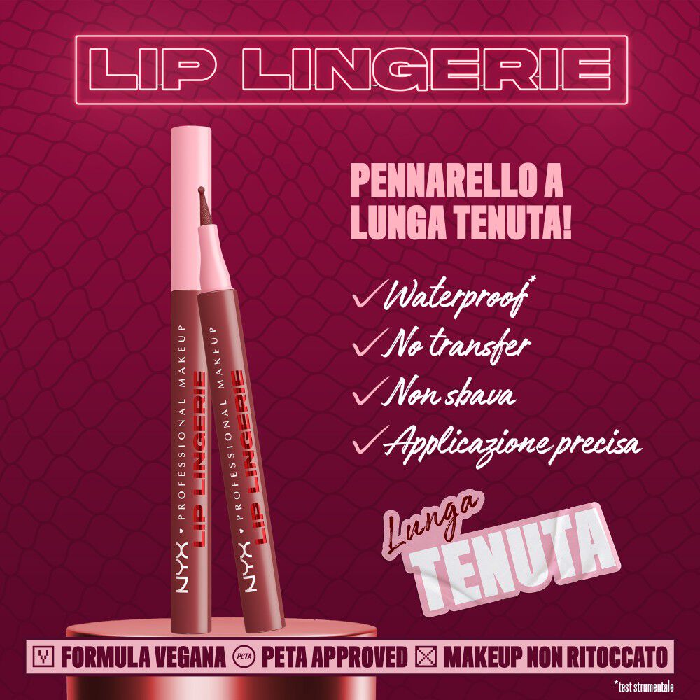 Caratteristiche del prodotto NYX Professional Makeup Lip Lingerie: pennarello per delineare le labbra Waterproof, Transfer-proof, 'Smudge-proof', senza bisogno di ritocchi durante il giorno.