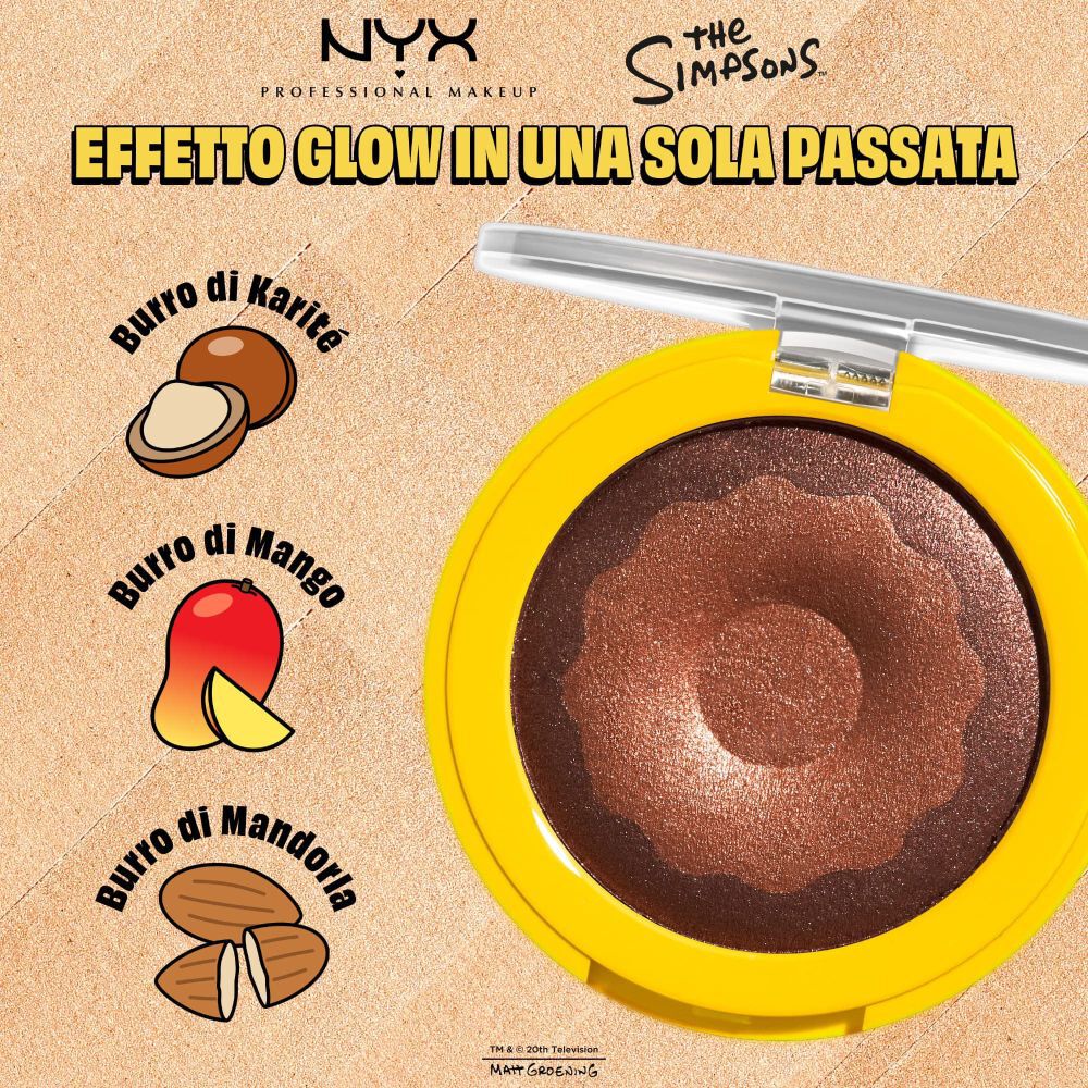 Packshot dell'illuminante aperto NYX Professional Makeup The Simpsons con ingredienti illustrati: burro di karite, burro di mango e burro di mandorle, tonalita 02 Glazed Over.