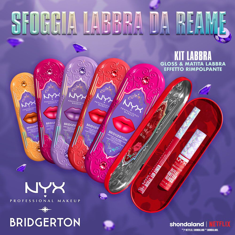 Immagini di bellezza NYX Professional Makeup collezione Bridgerton con prodotti ed elementi decorativi viola