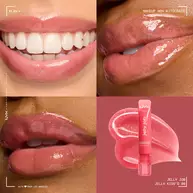 Quadrant showing Jelly Job lip macros on three models of fair, deep, medium skin tones and the product solider with swatch behind the hex code color in shade 08 Jelly Kiss'd
