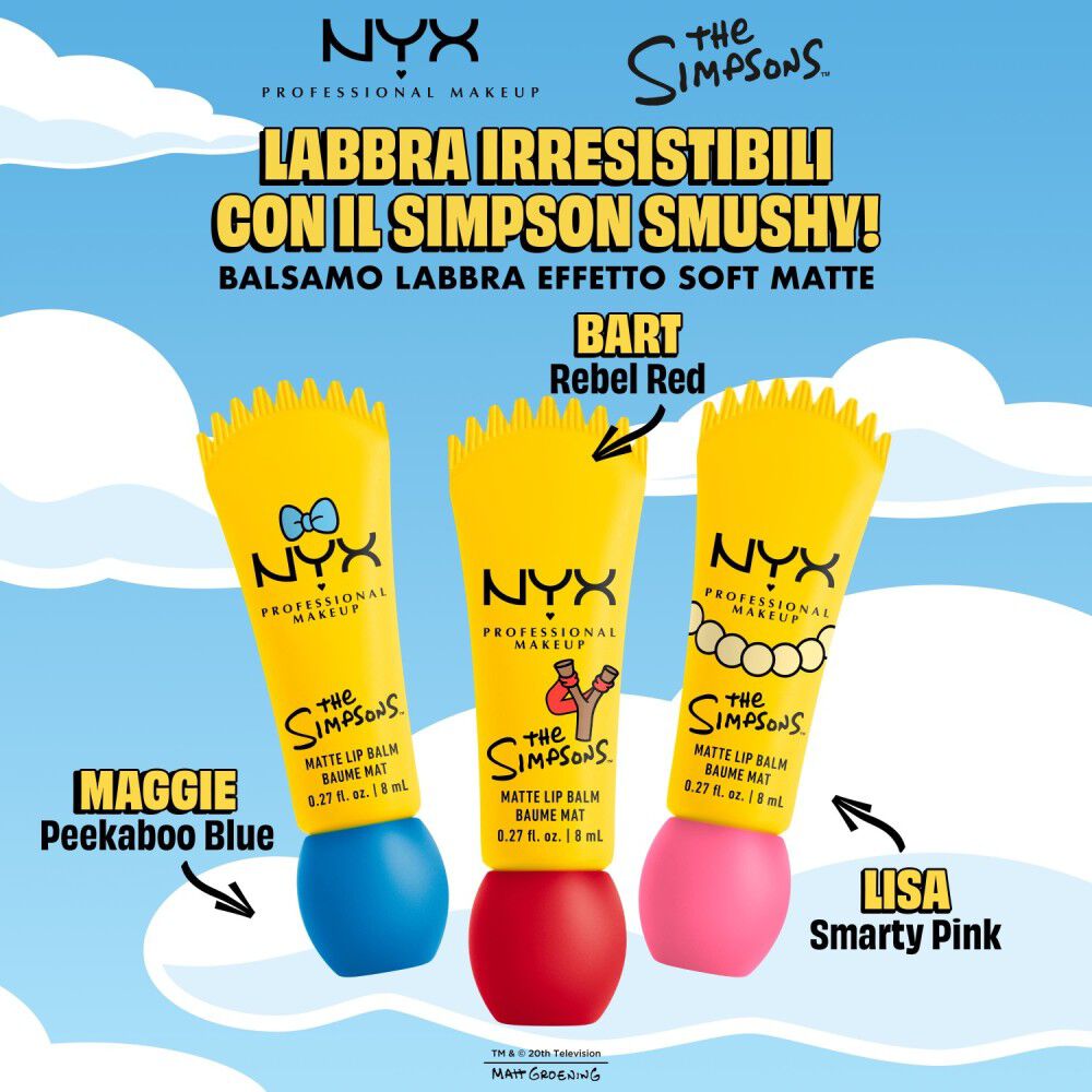 Gamma di balsami labbra opachi NYX Professional Makeup The Simpsons Smushy Matte, tre tubetti con packaging giallo e nomi dei prodotti su sfondo blu.