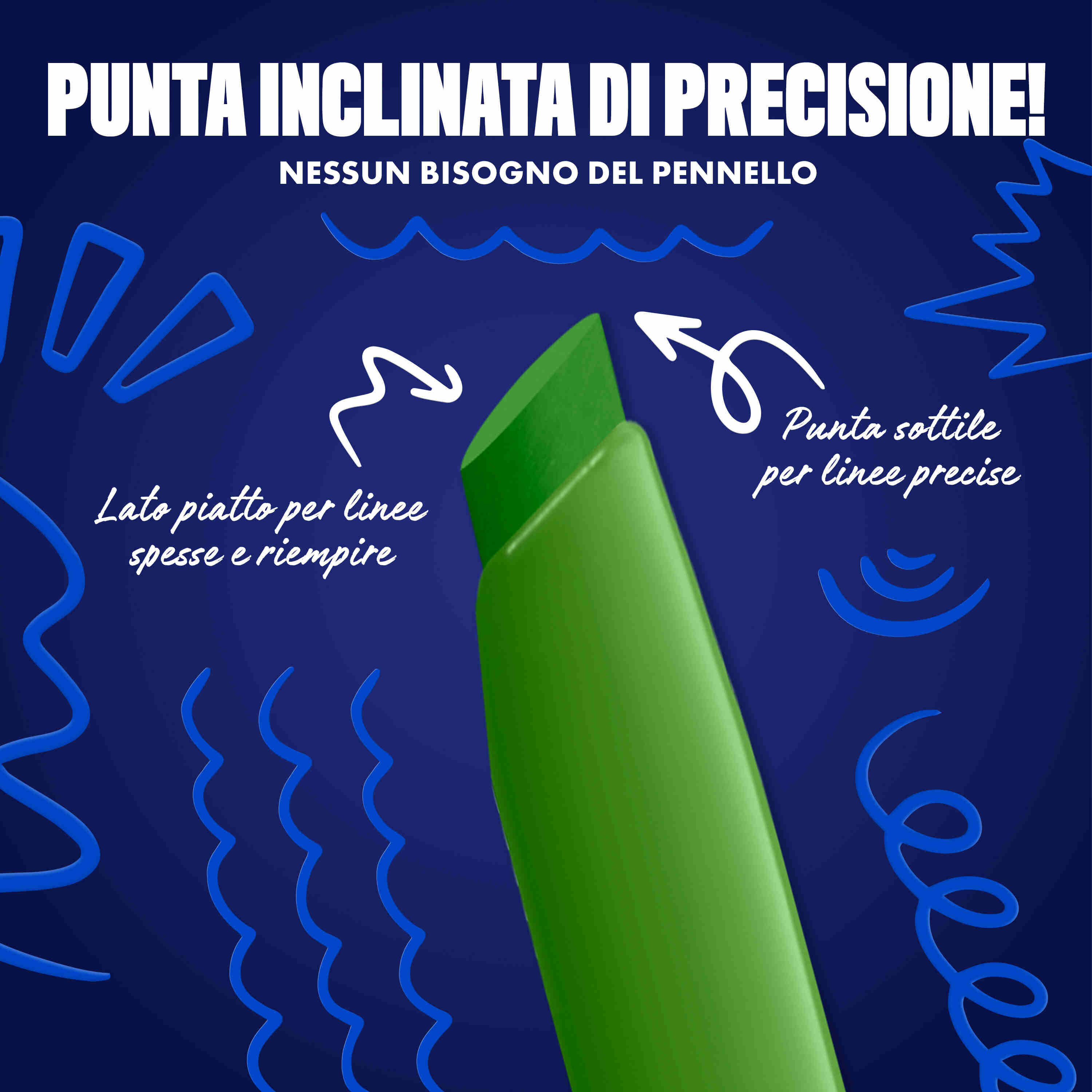 Blue-themed NYX graphic highlighting the slanted tip of an eyeliner pen. Arrows explain how to use the flat edge for wings and the top edge for precise lines. Text: "Ultra precise slanted tip! No angled brush needed." in shade 13 On-Lime