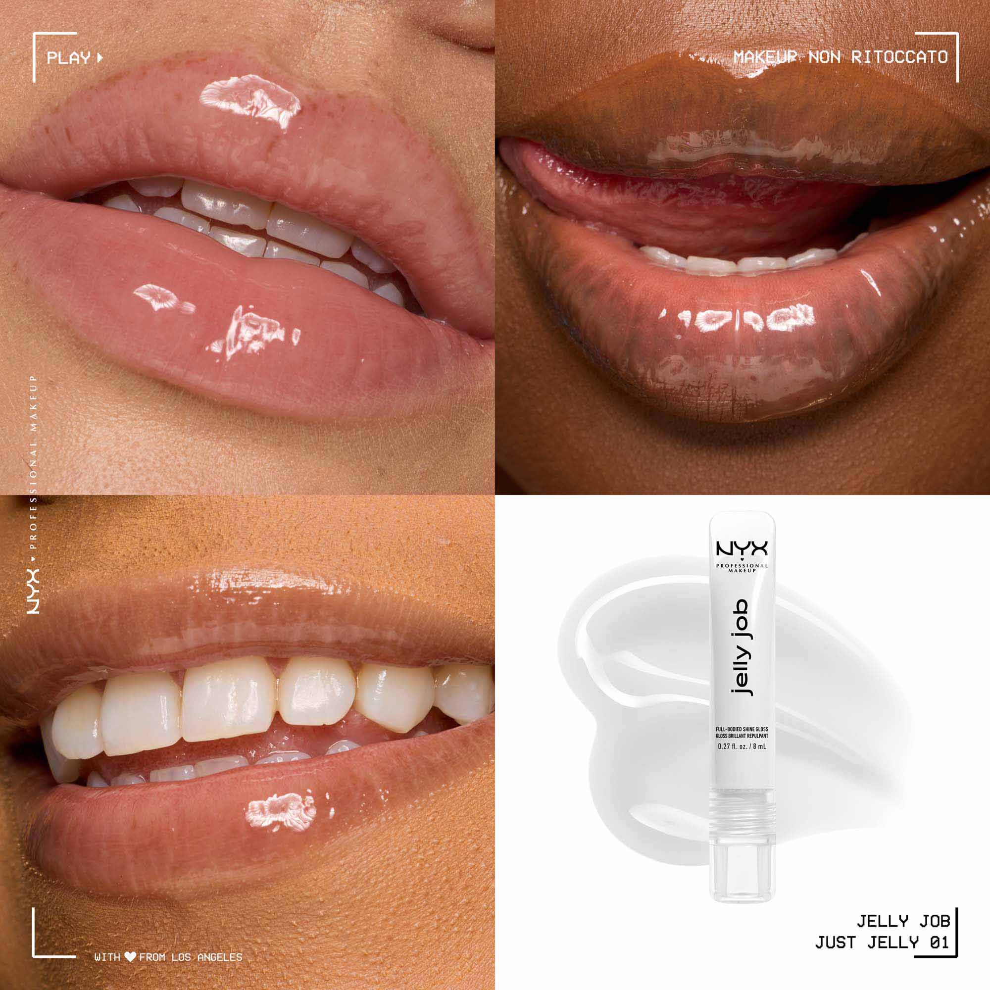Quadrant showing Jelly Job lip macros on three models of fair, deep, medium skin tones and the product solider with swatch behind the hex code color in shade 01 Just Jelly