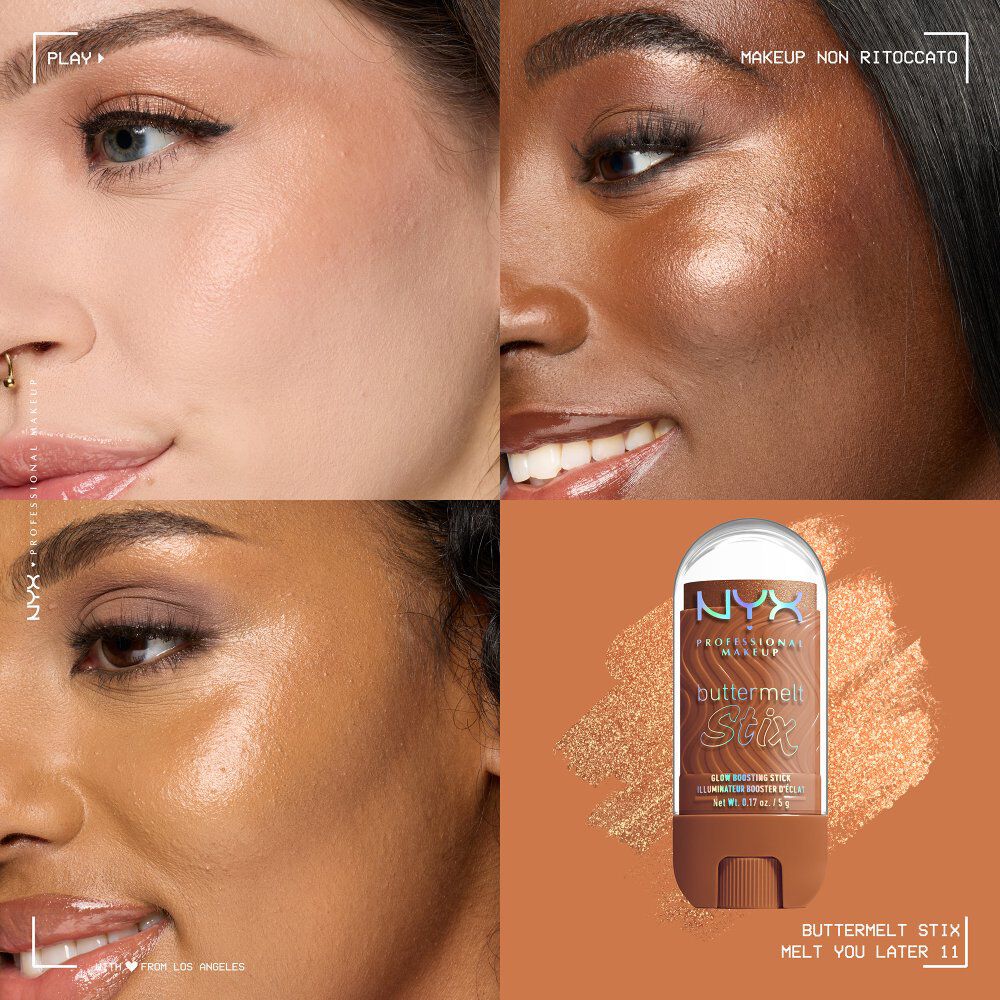 Applicazione dello Stick illuminante Buttermelt Stix Glow Boosting di Nyx Professional Makeup su diverse tonalita di incarnato