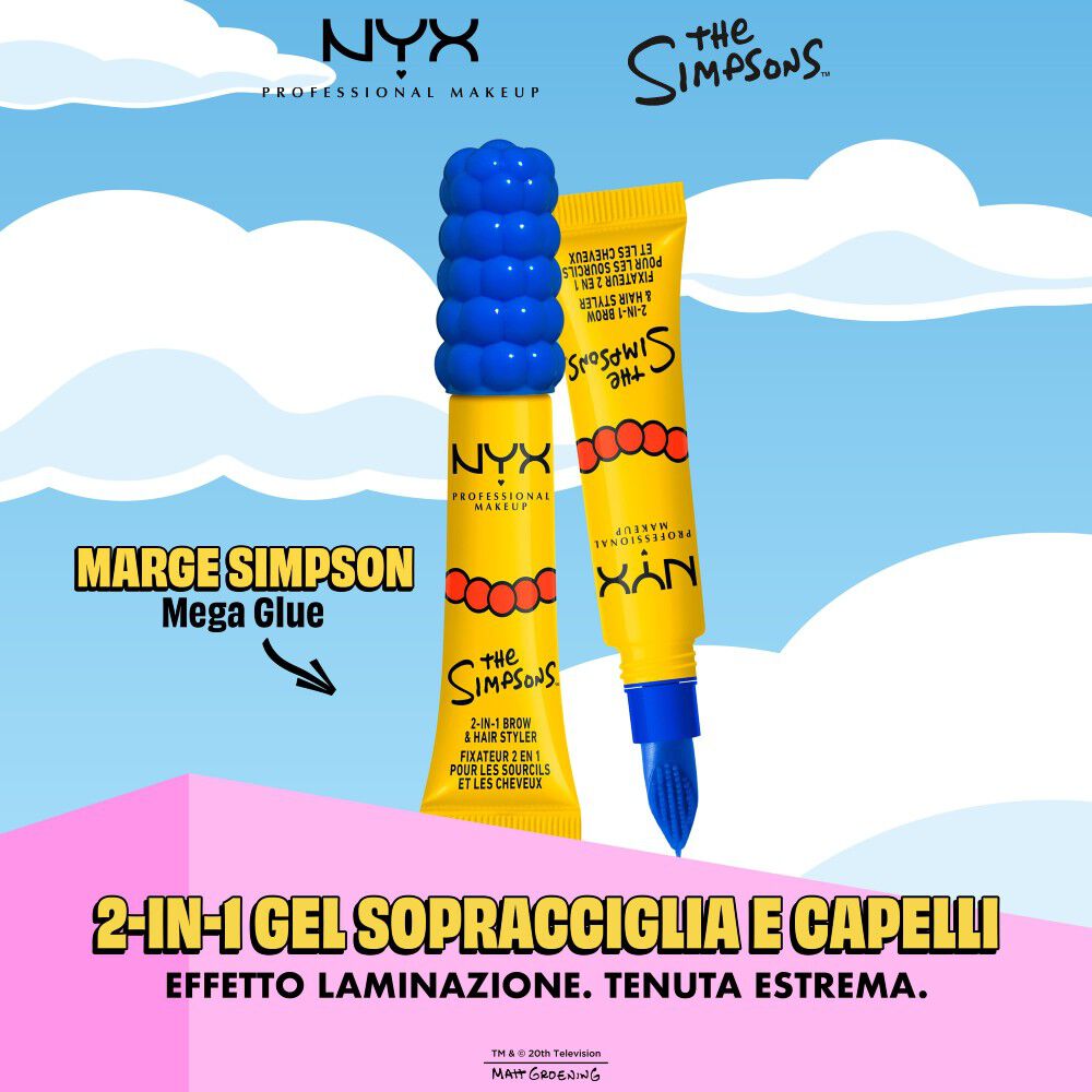Packshot del gel sopracciglia NYX Professional Makeup The Simpsons Mega Glue con descrizione del prodotto e packaging giallo su sfondo blu.