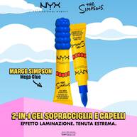 Packshot del gel sopracciglia NYX Professional Makeup The Simpsons Mega Glue con descrizione del prodotto e packaging giallo su sfondo blu.