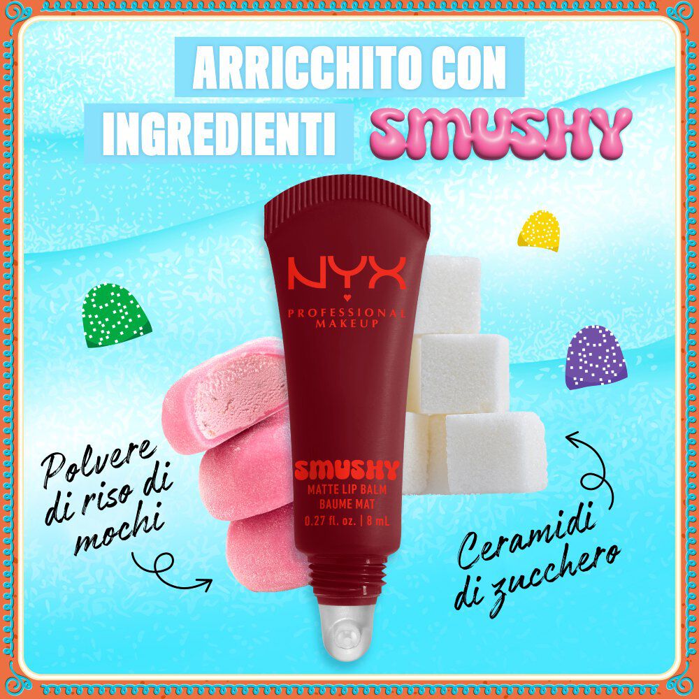 Sfondo rosa con packshot del NYX Professional Makeup Holiday Smushy Kit e callout: “Effetto soft matte. Effetto labbra sfumate. Colori trasparenti e modulabili.”