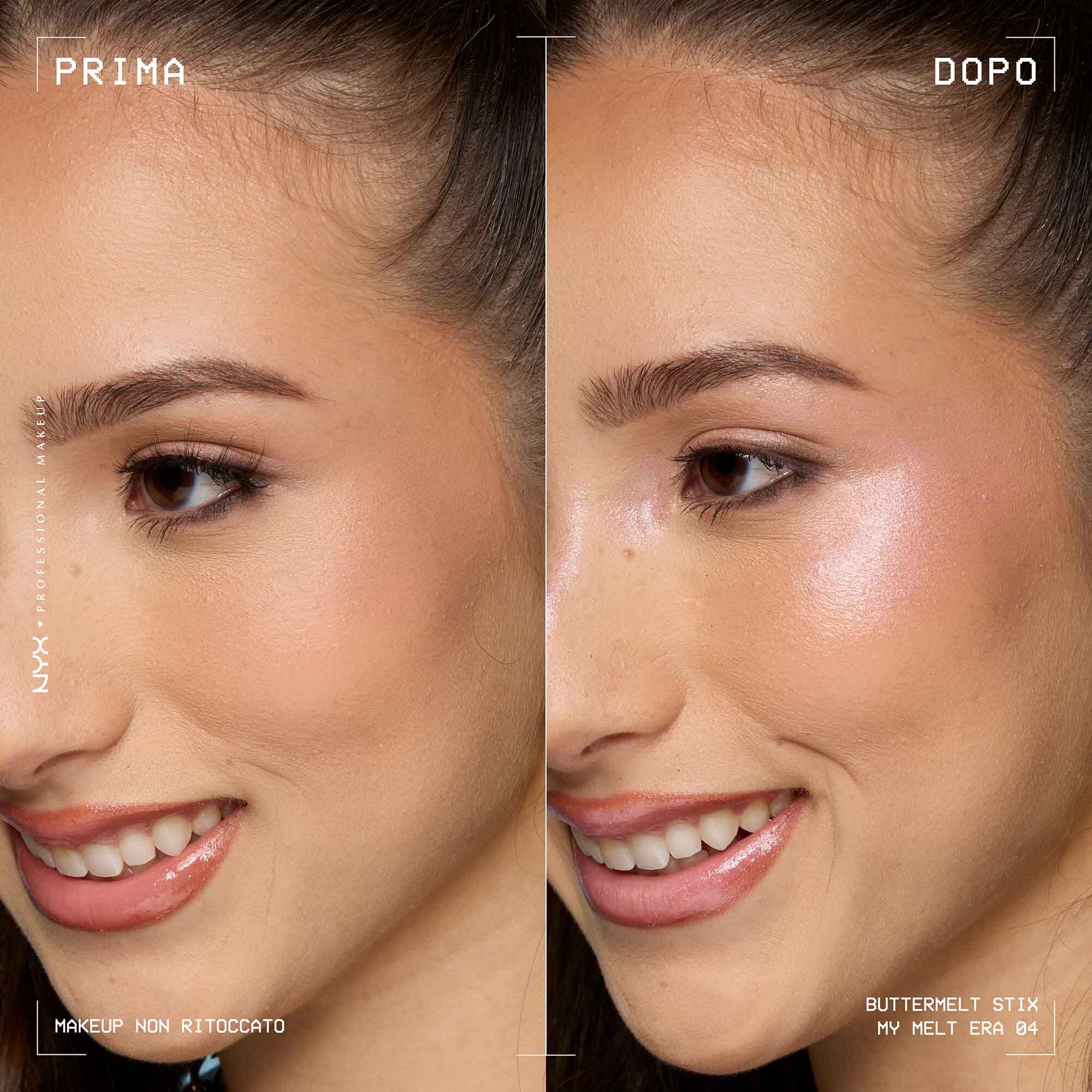 Prima e dopo applicazione dello Stick illuminante Buttermelt Stix Glow Boosting di Nyx Professional Makeup