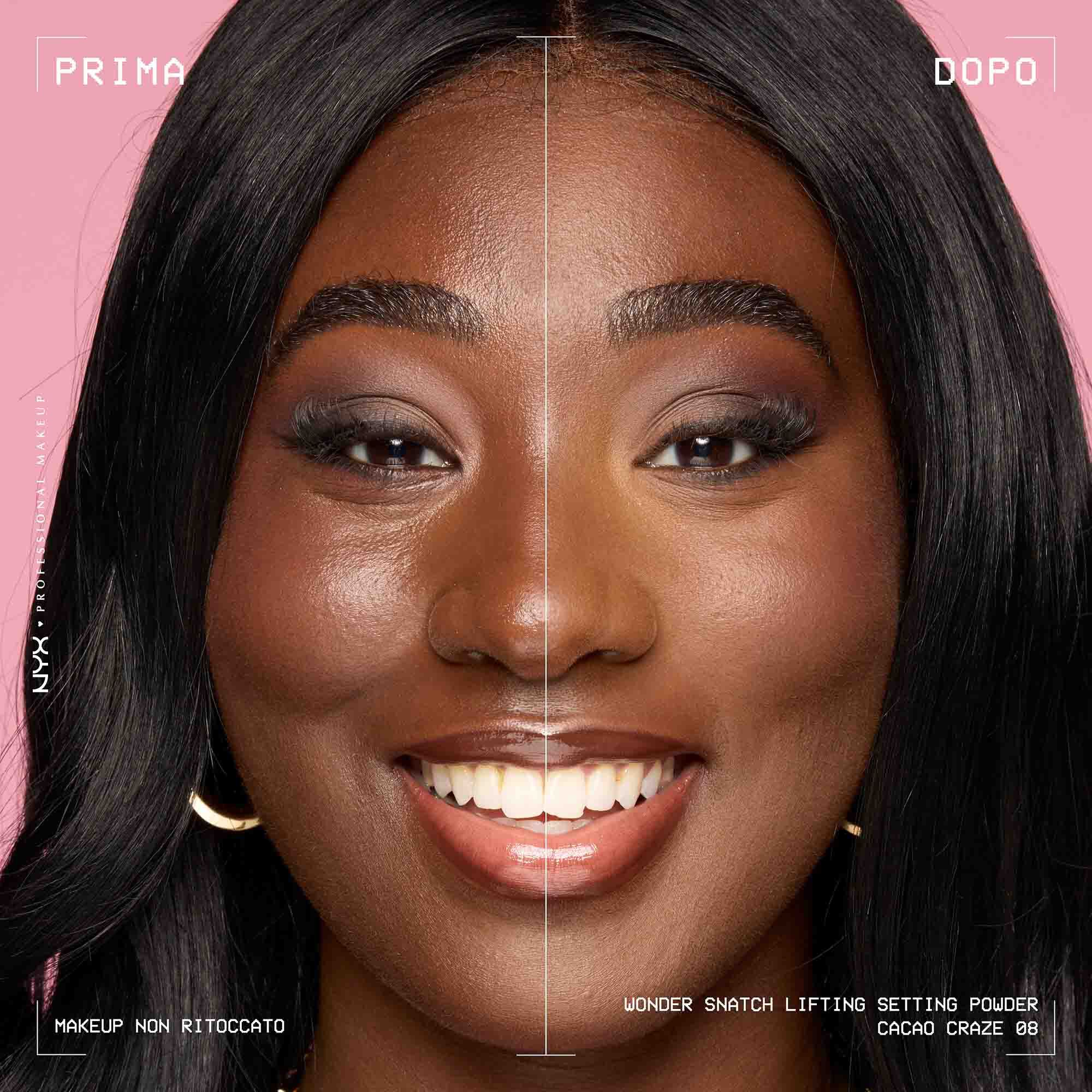 Prima e dopo dell'applicazione della cipria fissante NYX Professional Makeup Wonder Snatch. La pelle risulta piu levigata e luminosa.